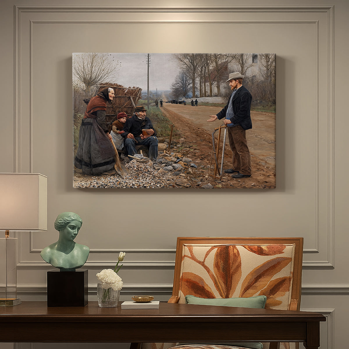 Canvas art print featuring a group of people gathered along dirt road in rural setting, presented within a refined interior setting