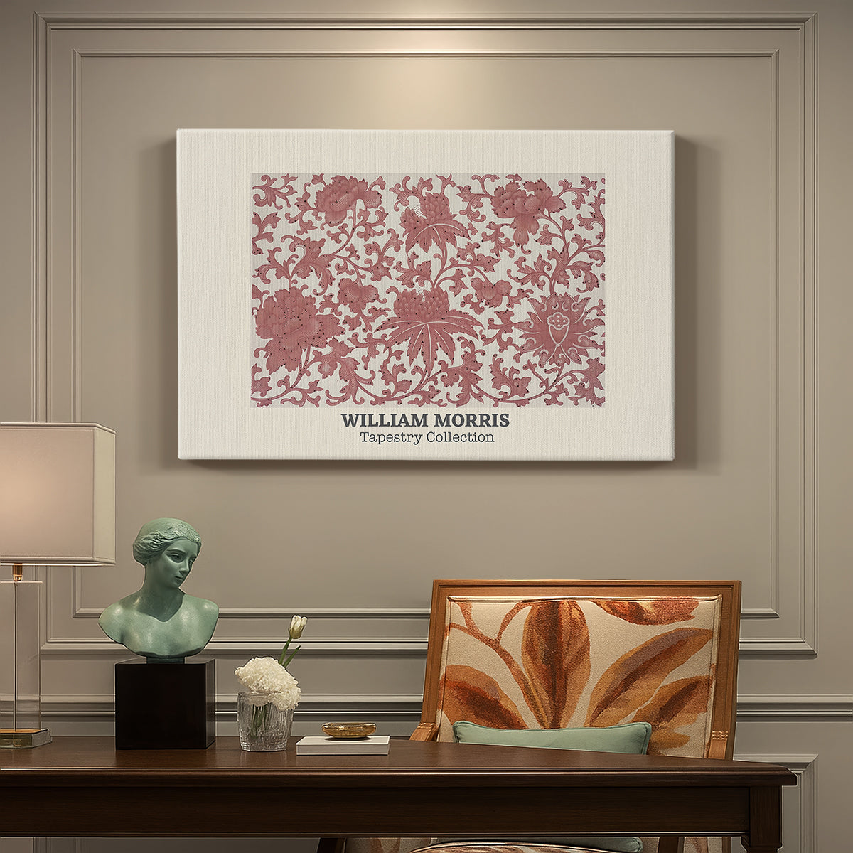 Canvas art print featuring a repeating ornamental pattern with floral and geometric elements arranged in horizontal bands, presented within a refined interior setting