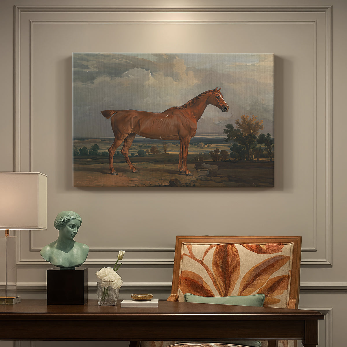 Canvas art print featuring a mounted hunter on horseback in open countryside landscape, presented within a refined interior setting