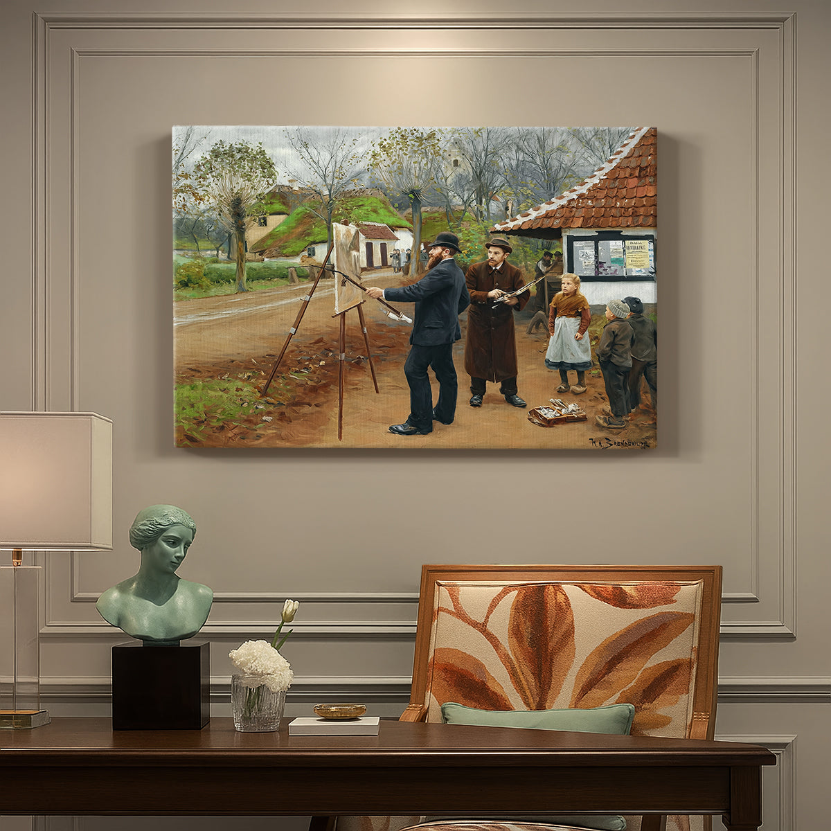Canvas art print featuring a group of people gathered outdoors near buildings in rural village, presented within a refined interior setting