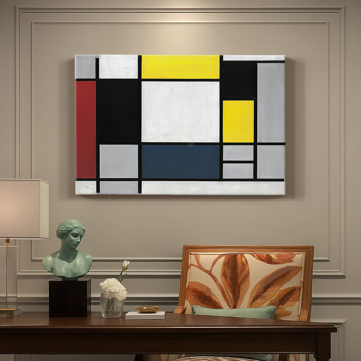 Canvas art print featuring a grid of rectangles with primary colors and black lines, presented within a refined interior setting