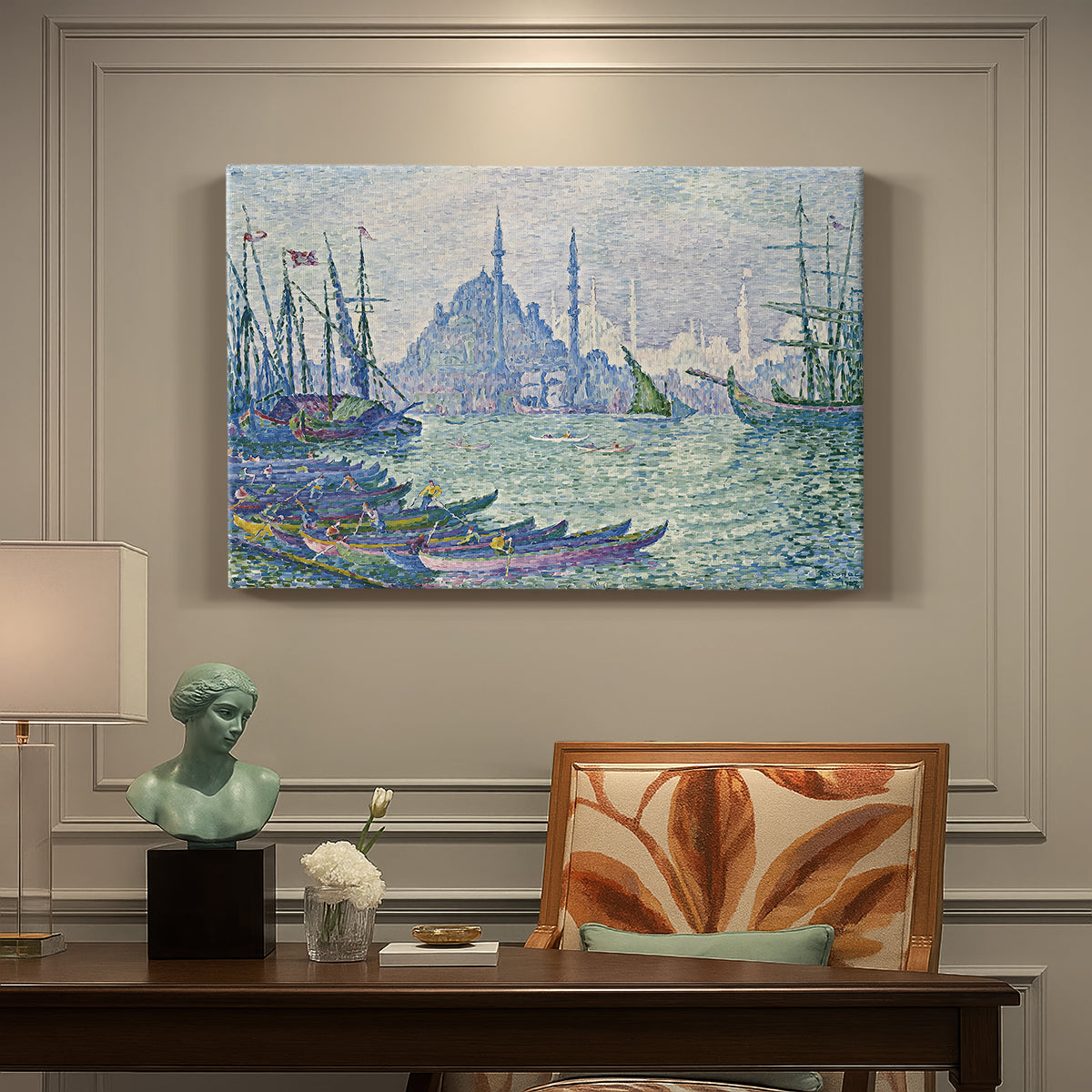 Canvas art print featuring a skyline with minarets rising above waterfront and boats, presented within a refined interior setting