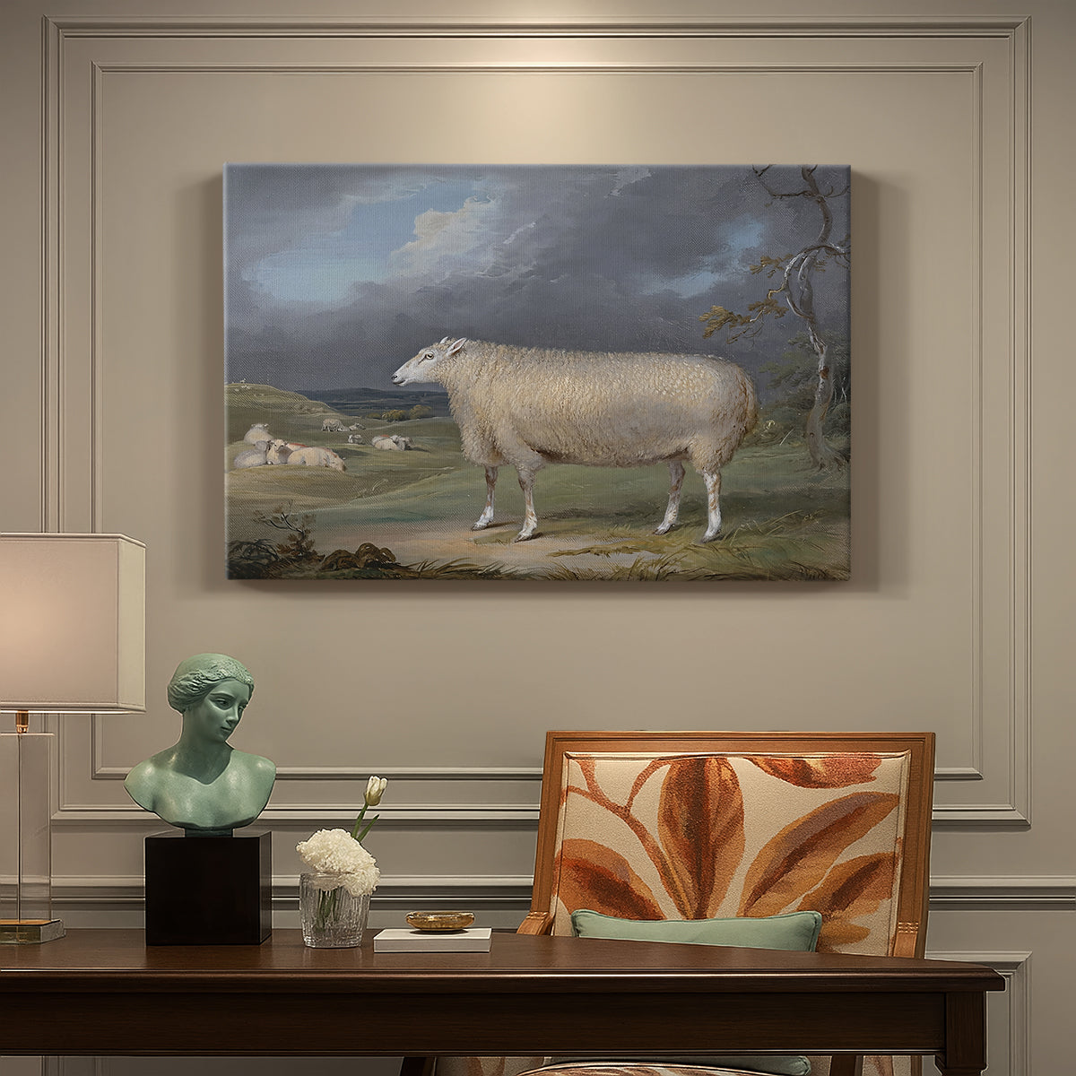 Canvas art print featuring a single sheep standing in open pasture under soft sky, presented within a refined interior setting