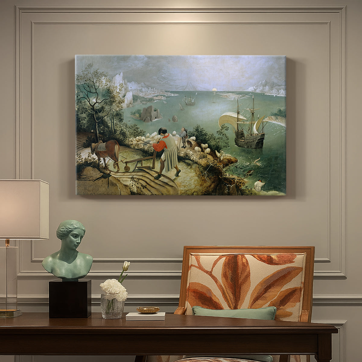 Canvas art print featuring a wide landscape with small figure falling into sea, presented within a refined interior setting