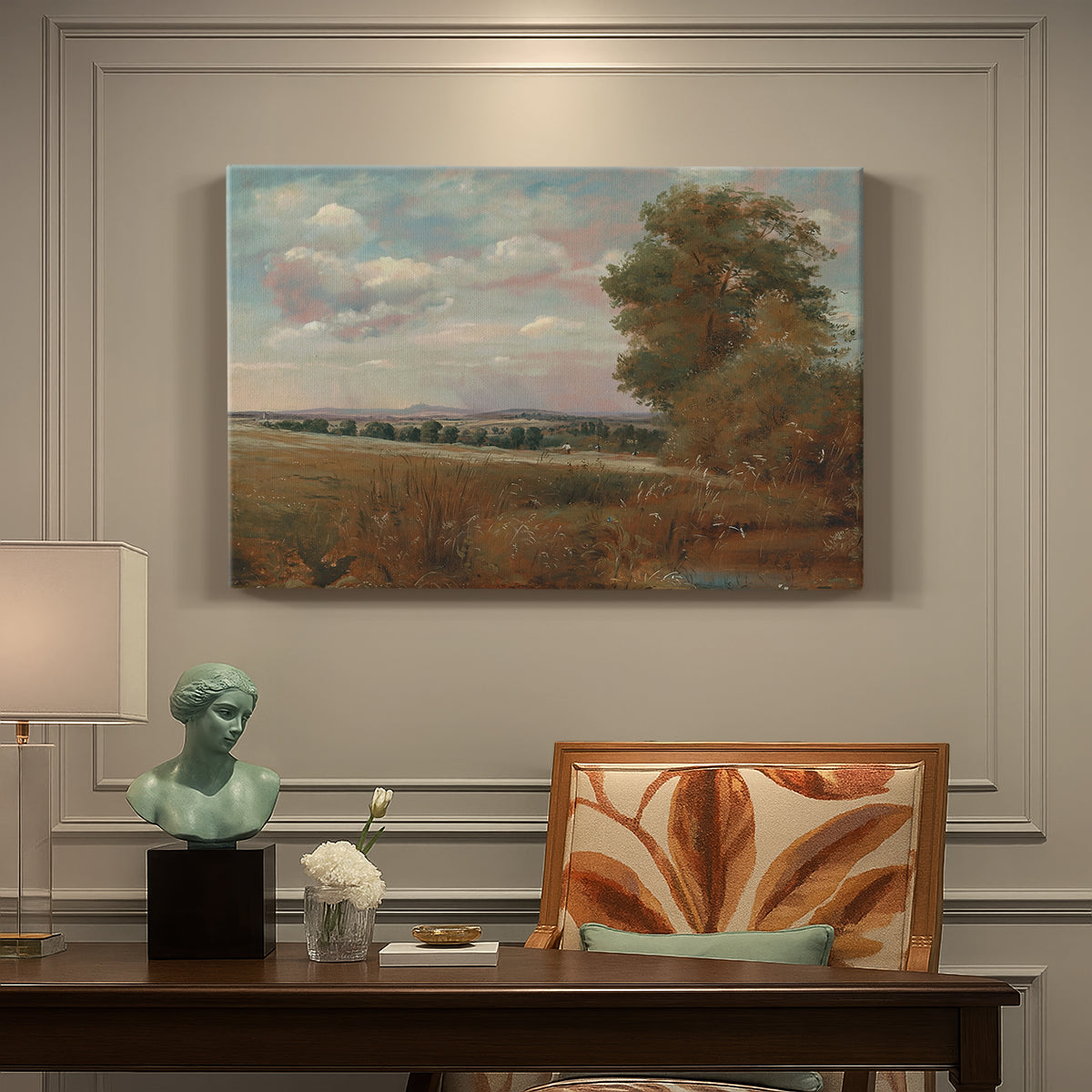 Canvas art print featuring a wide landscape with distant buildings across terrain, presented within a refined interior setting