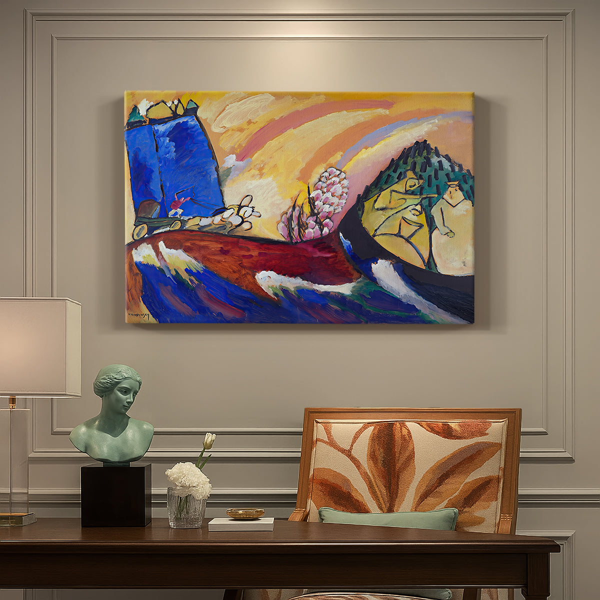 Canvas art print featuring abstracted figures and horses suggested through sweeping lines and vibrant colors, presented within a refined interior setting