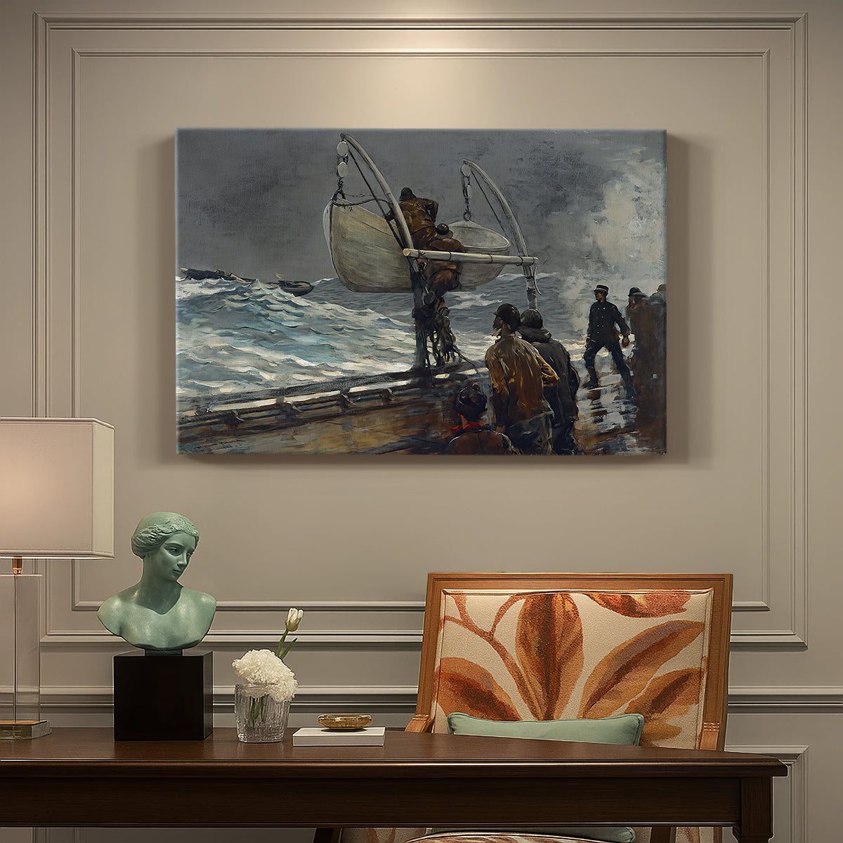 Canvas art print featuring figures gathered on rocky shore signaling toward sea with ship in distance, presented within a refined interior setting