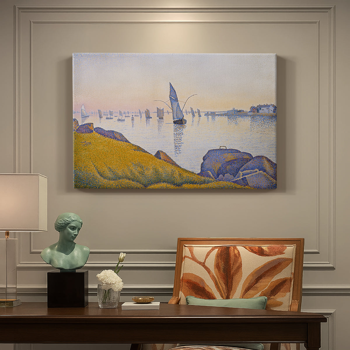 Canvas art print featuring a quiet harbor at sunset, presented within a refined interior setting