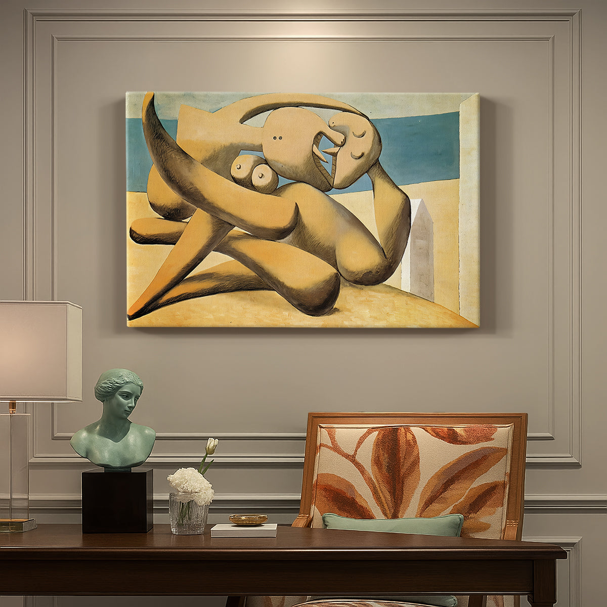 Canvas art print featuring abstracted figures embracing near shoreline, presented within a refined interior setting