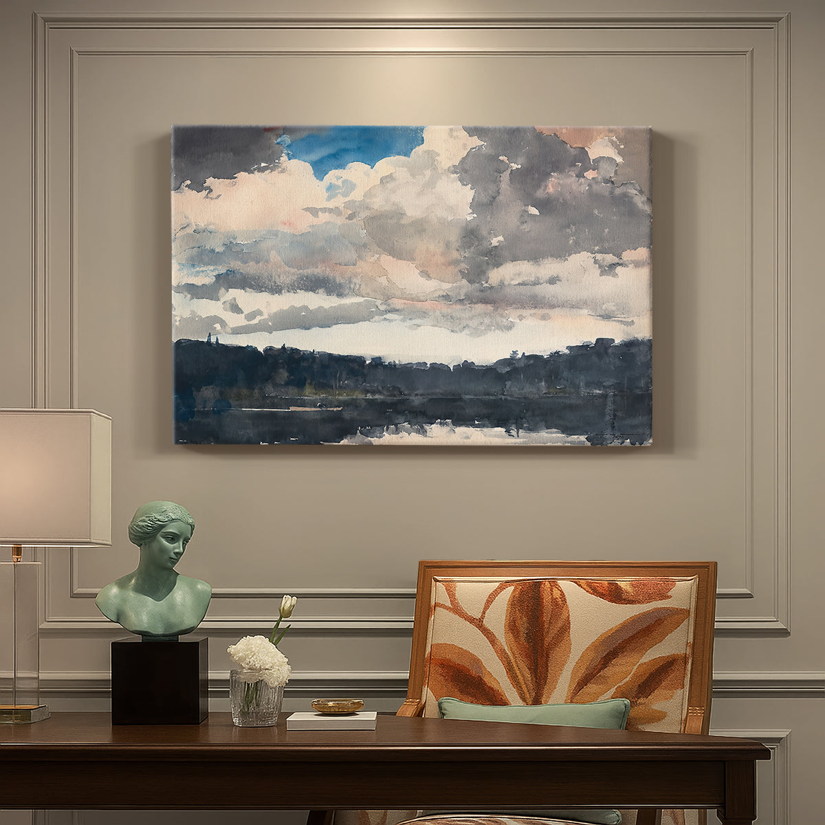Canvas art print featuring a single boat floating on still lake surrounded by forested shoreline, presented within a refined interior setting