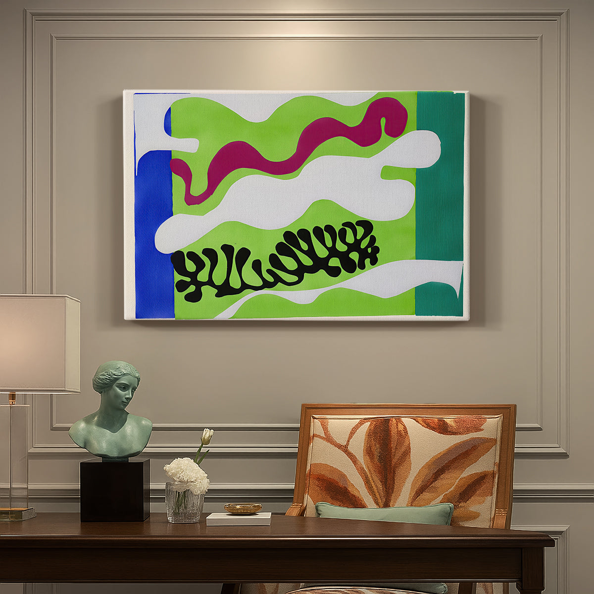 Canvas art print featuring an abstract composition suggesting water and aquatic forms, presented within a refined interior setting