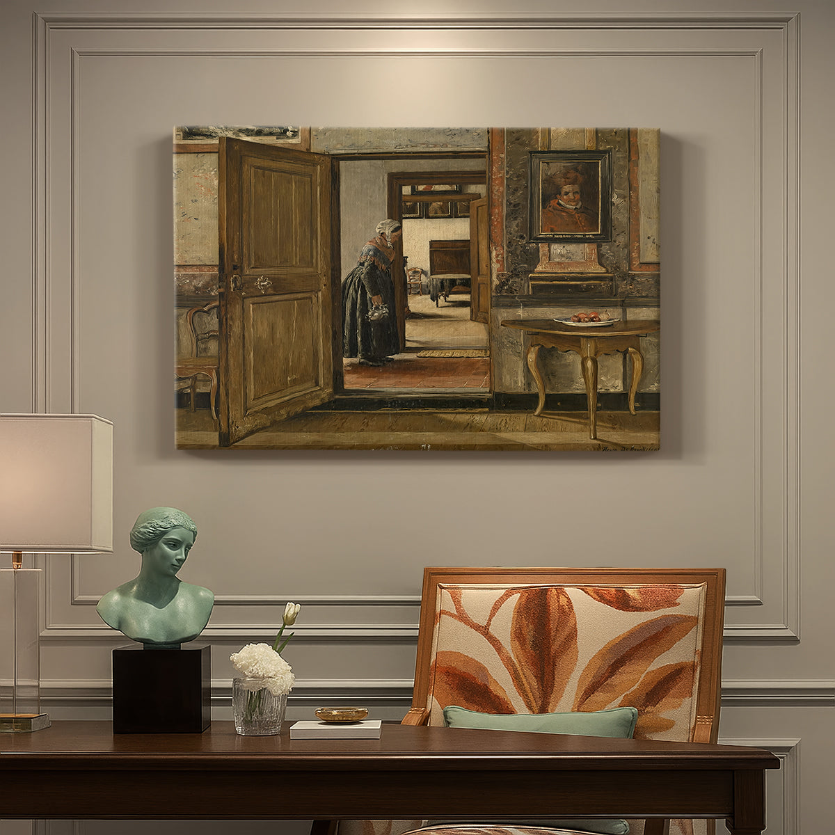 Canvas art print featuring a long interior hallway with figure standing in structured architectural space, presented within a refined interior setting