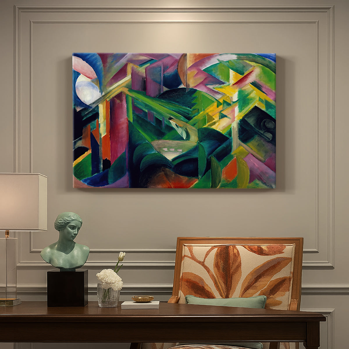 Canvas art print featuring a stylized deer within abstract garden setting of geometric shapes, presented within a refined interior setting