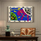 Canvas art print featuring abstract figures of a horse, rider, and clown in a bold cut-out composition, presented within a refined interior setting