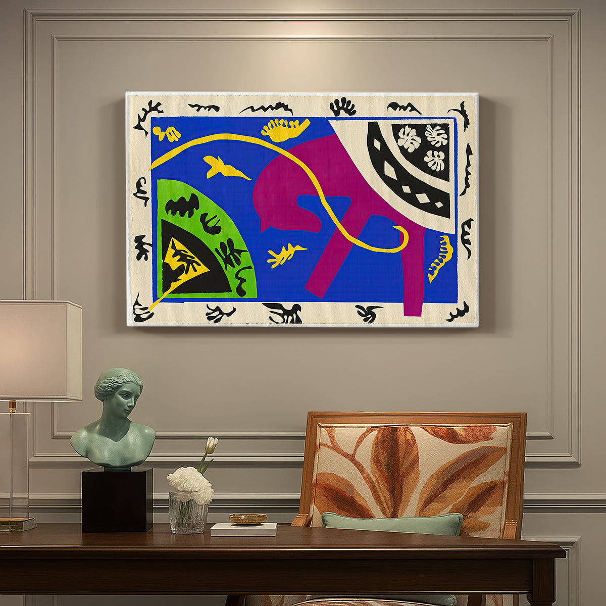 Canvas art print featuring abstract figures of a horse, rider, and clown in a bold cut-out composition, presented within a refined interior setting