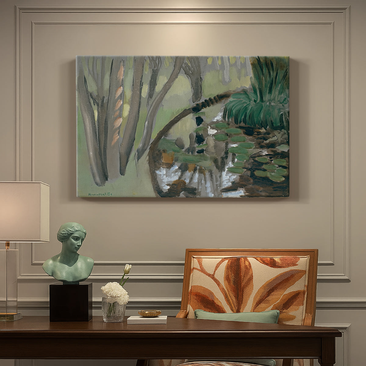 Canvas art print featuring a stream flowing through green landscape, presented within a refined interior setting