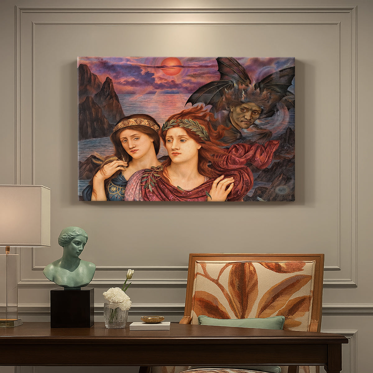 Canvas art print featuring two female figures gazing outward with vivid sky behind them, presented within a refined interior setting