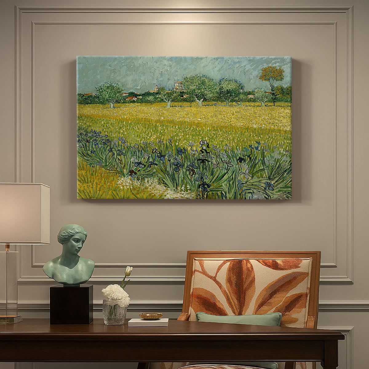 Canvas art print featuring an open field filled with irises stretching across landscape under bright sky, presented within a refined interior setting
