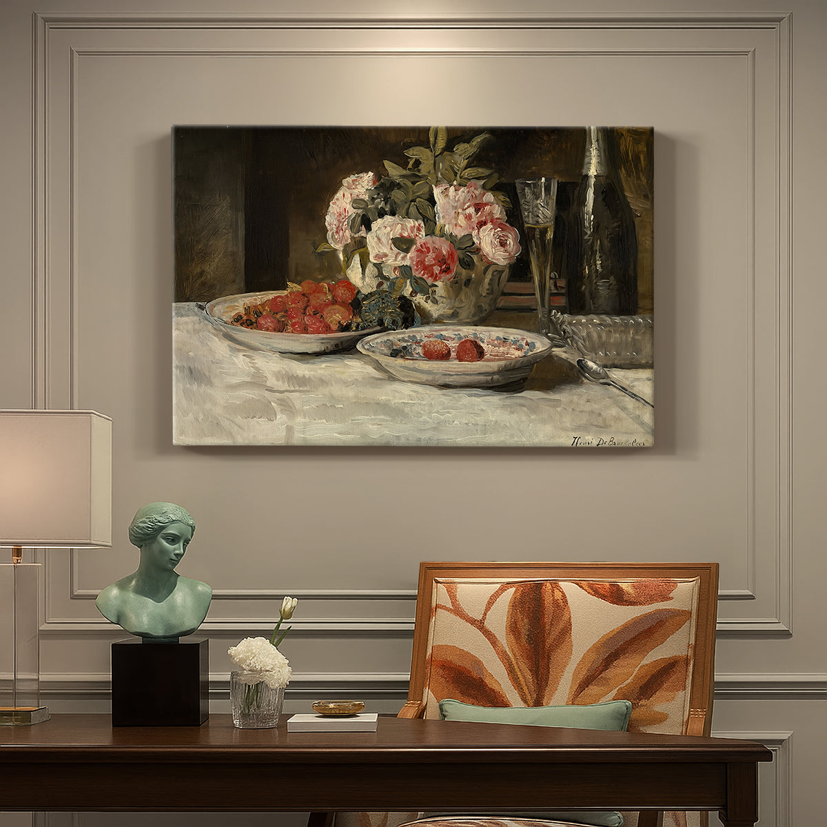 Canvas art print featuring a still life with strawberries, glassware, and bottle arranged on table, presented within a refined interior setting