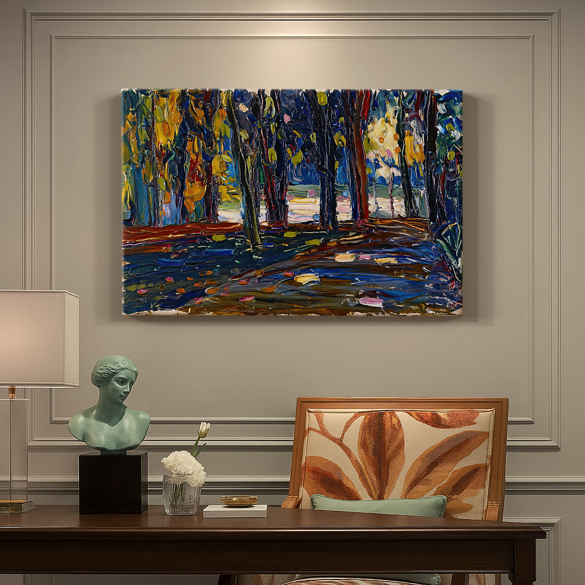 Canvas art print featuring an abstracted landscape with trees and foliage in warm autumn tones, presented within a refined interior setting
