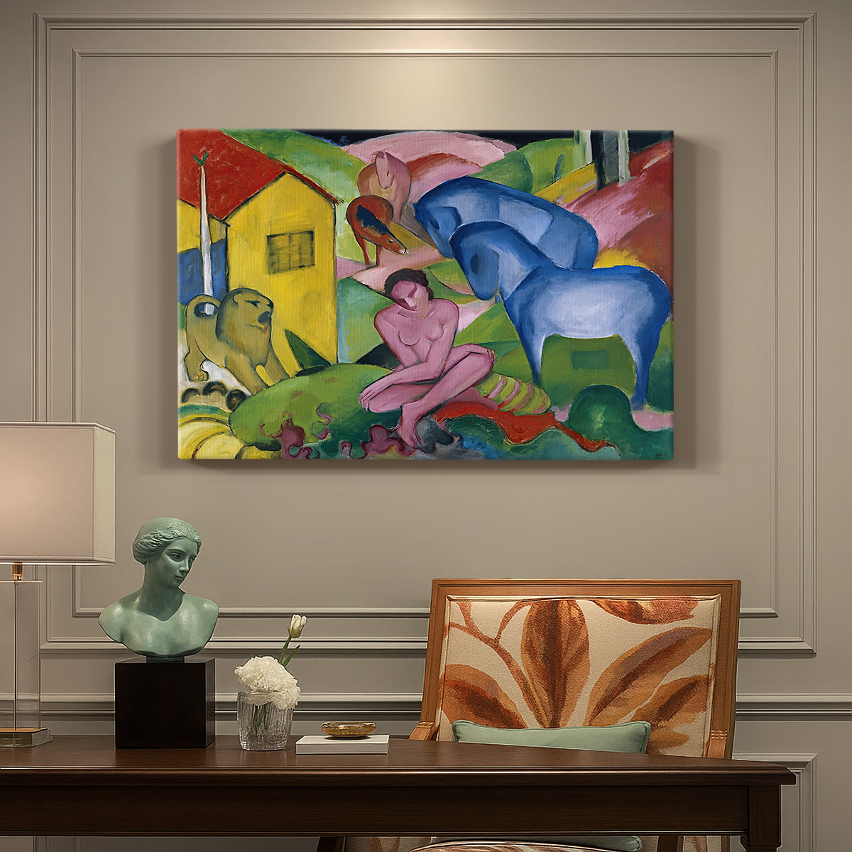 Canvas art print featuring an abstract composition of animals and figures intertwined in vivid dreamlike colors, presented within a refined interior setting