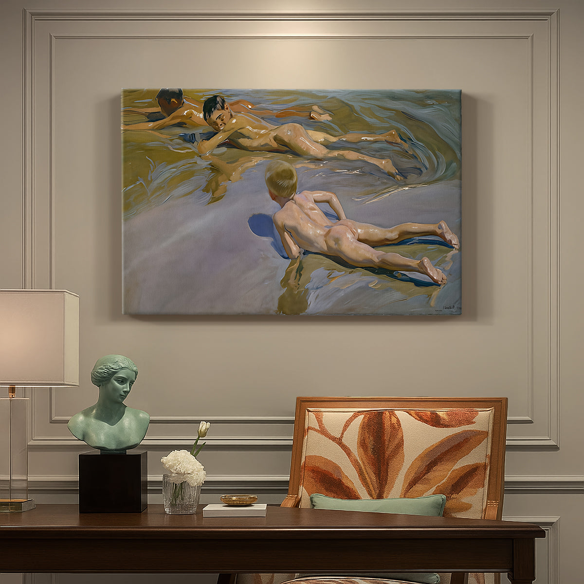 Canvas art print featuring young boys running and playing along shoreline in sunlight, presented within a refined interior setting