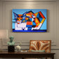 Canvas art print featuring a fragmented geometric figure composed of colorful shapes, presented within a refined interior setting