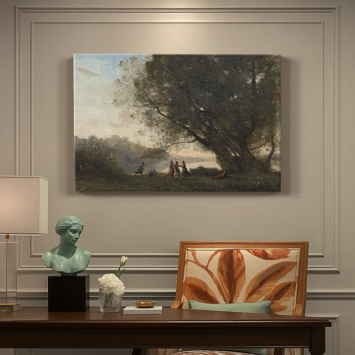 Canvas art print featuring figures dancing beneath trees beside calm lakeside setting, presented within a refined interior setting