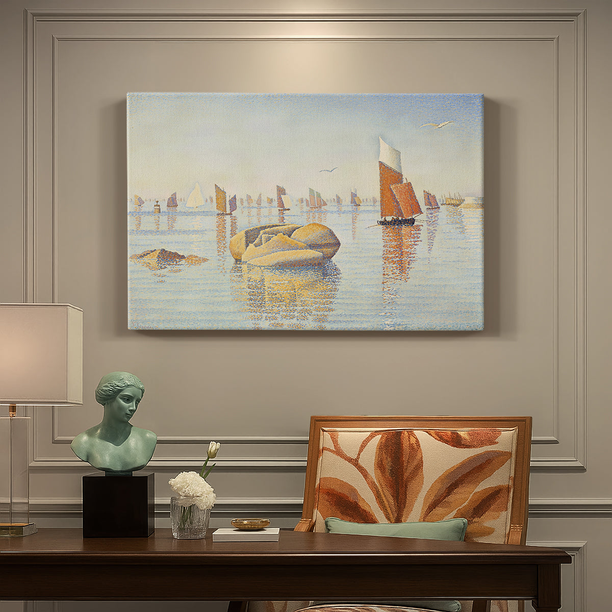 Canvas art print featuring a calm harbor with boats in morning light, presented within a refined interior setting
