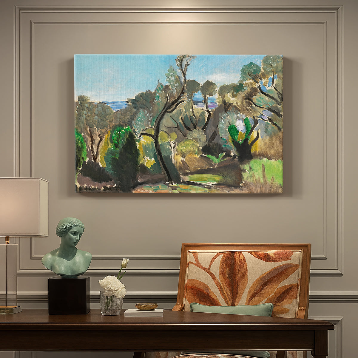 Canvas art print featuring a rolling landscape with trees and open sky in bright natural colors, presented within a refined interior setting