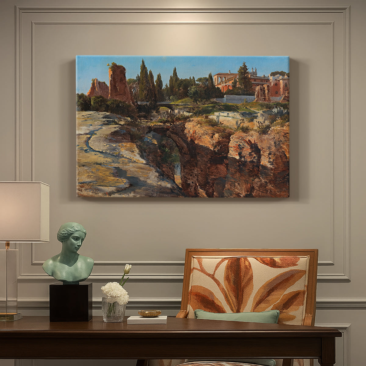 Canvas art print featuring historic Roman ruins and buildings set within warm landscape, presented within a refined interior setting