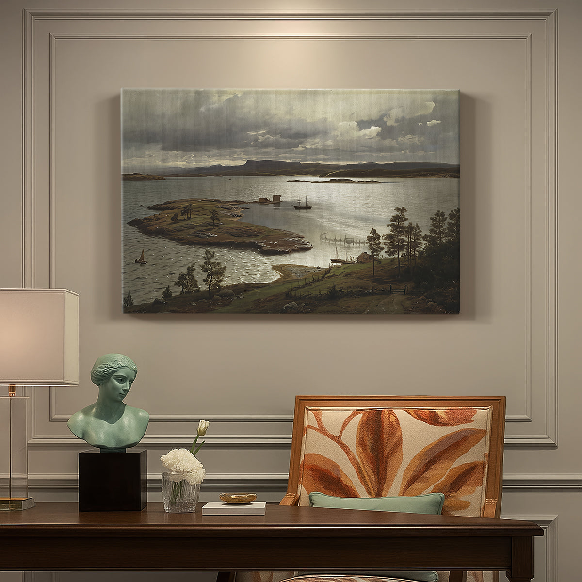 Canvas art print featuring a fjord landscape with water, shoreline, and distant hills under soft sky, presented within a refined interior setting