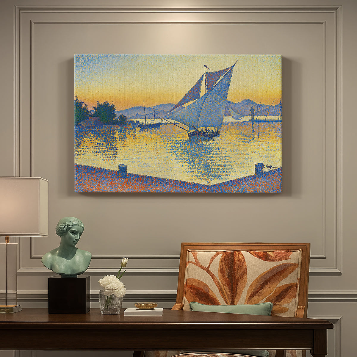 Canvas art print featuring a harbor glowing at sunset with boats in water, presented within a refined interior setting