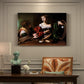 Canvas art print featuring a two women seated together in conversation with symbolic objects on table, presented within a refined interior setting