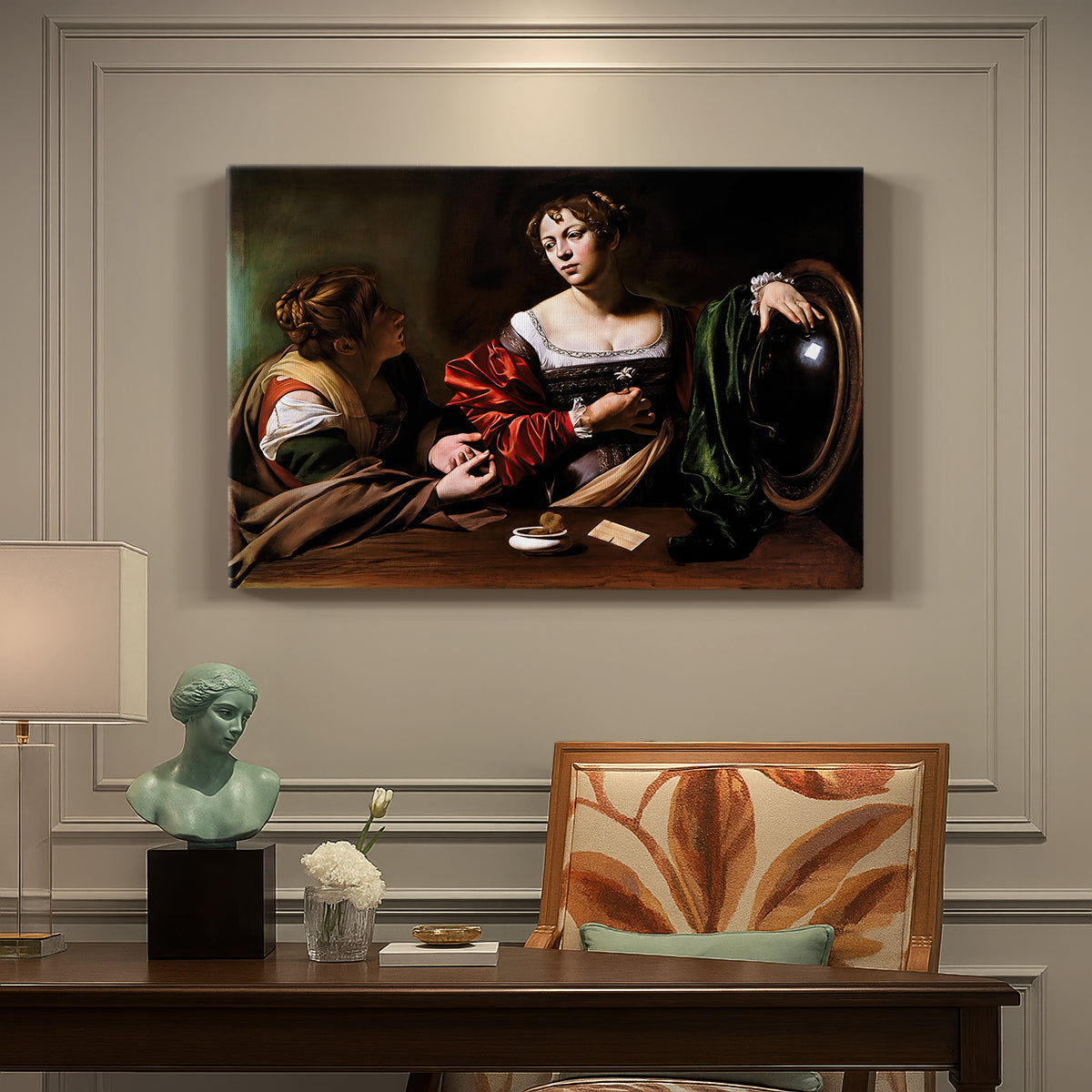 Canvas art print featuring a two women seated together in conversation with symbolic objects on table, presented within a refined interior setting