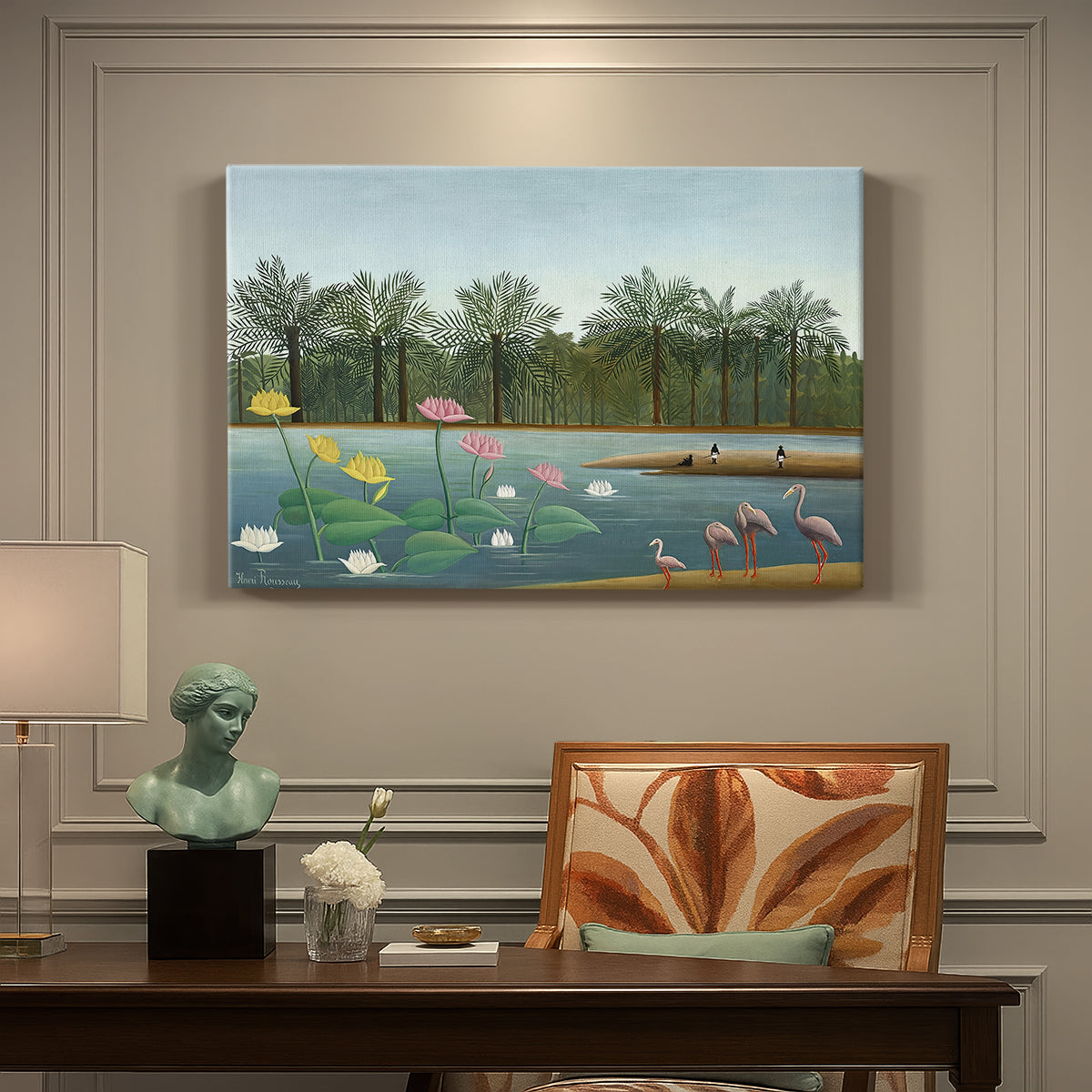 Canvas art print featuring flamingos standing in water surrounded by trees and vegetation, presented within a refined interior setting