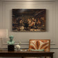 Canvas art print featuring villagers welcoming returning bear hunter surrounded by people in rustic interior, presented within a refined interior setting