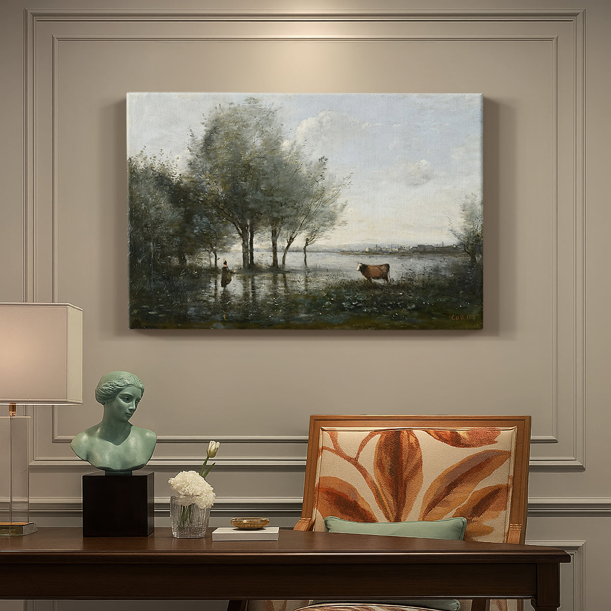 Canvas art print featuring a marshy landscape with water, trees, and soft atmospheric light, presented within a refined interior setting