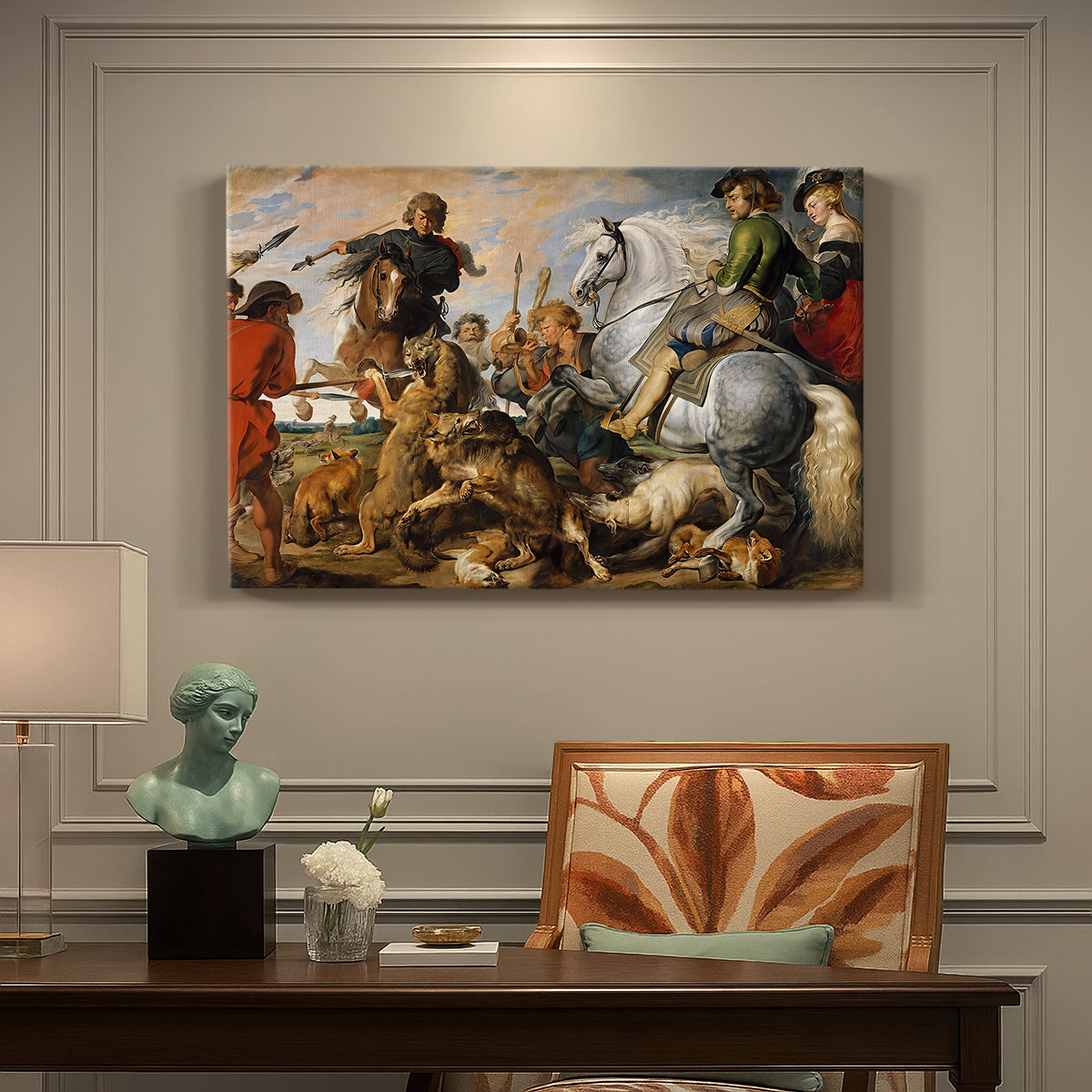 Canvas art print featuring a chaotic hunting scene with riders, dogs, and animals, presented within a refined interior setting