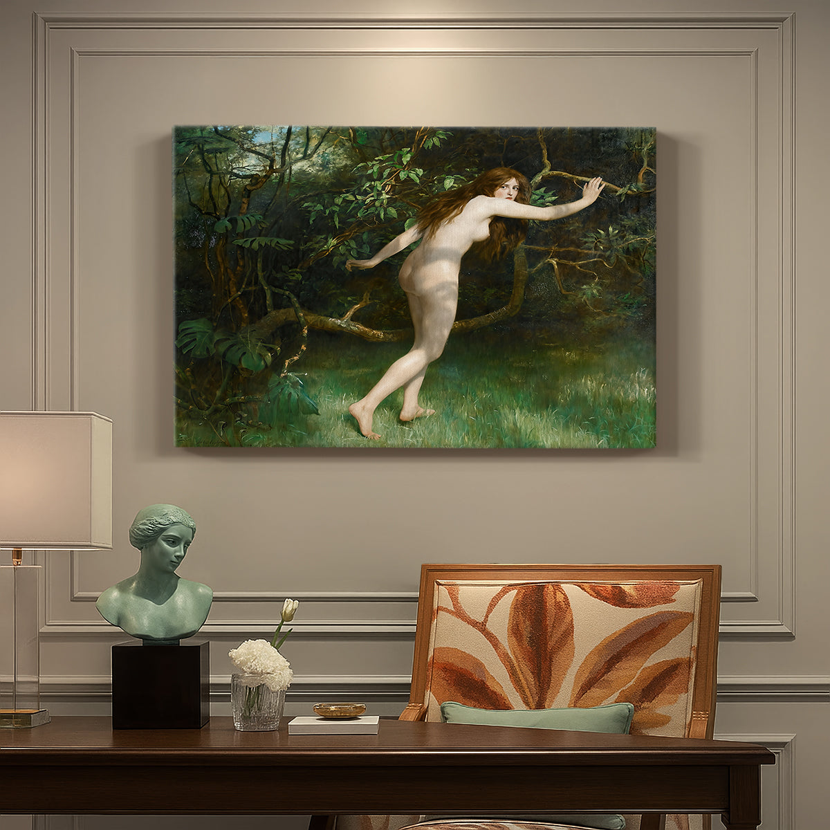 Canvas art print featuring a nude female figure standing in natural setting, presented within a refined interior setting