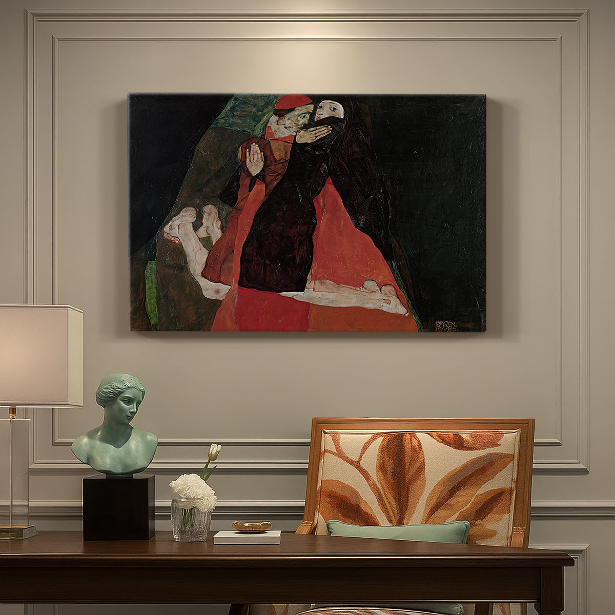 Canvas art print featuring two figures embracing intimately in stylized expressionist composition, presented within a refined interior setting