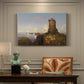 Canvas art print featuring a coastal landscape with ruined tower overlooking sea, presented within a refined interior setting