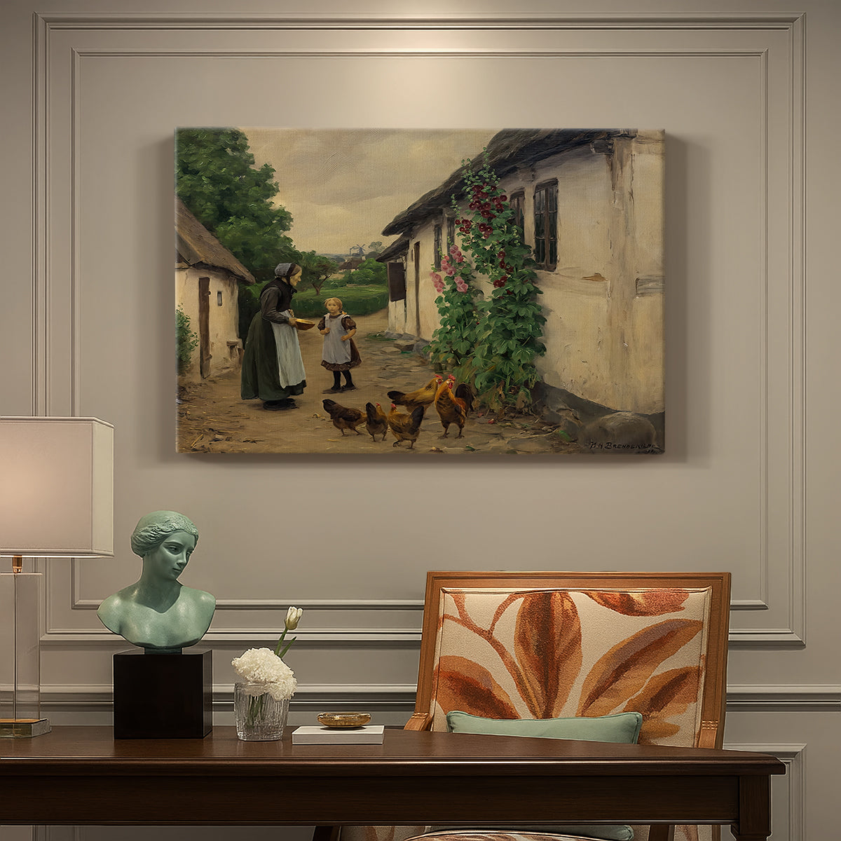 Canvas art print featuring figures gathered outside farmhouse greeting one another in village setting, presented within a refined interior setting