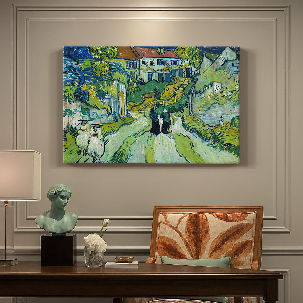 Canvas art print featuring a steep stairway between buildings leading upward through village setting, presented within a refined interior setting