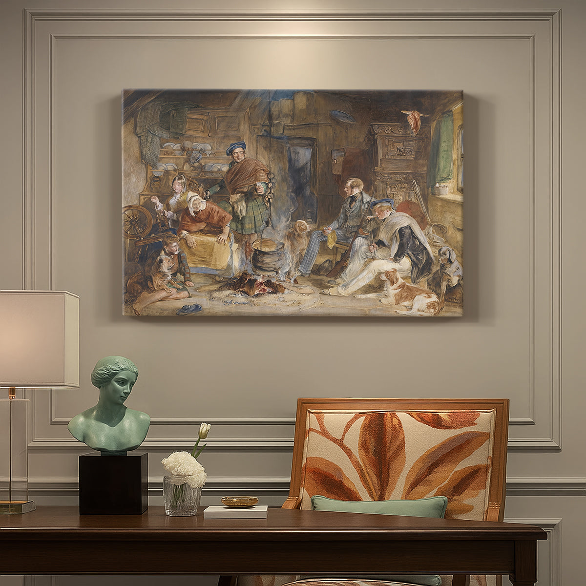 Canvas art print featuring a group of figures gathered indoors sharing food in rustic setting, presented within a refined interior setting