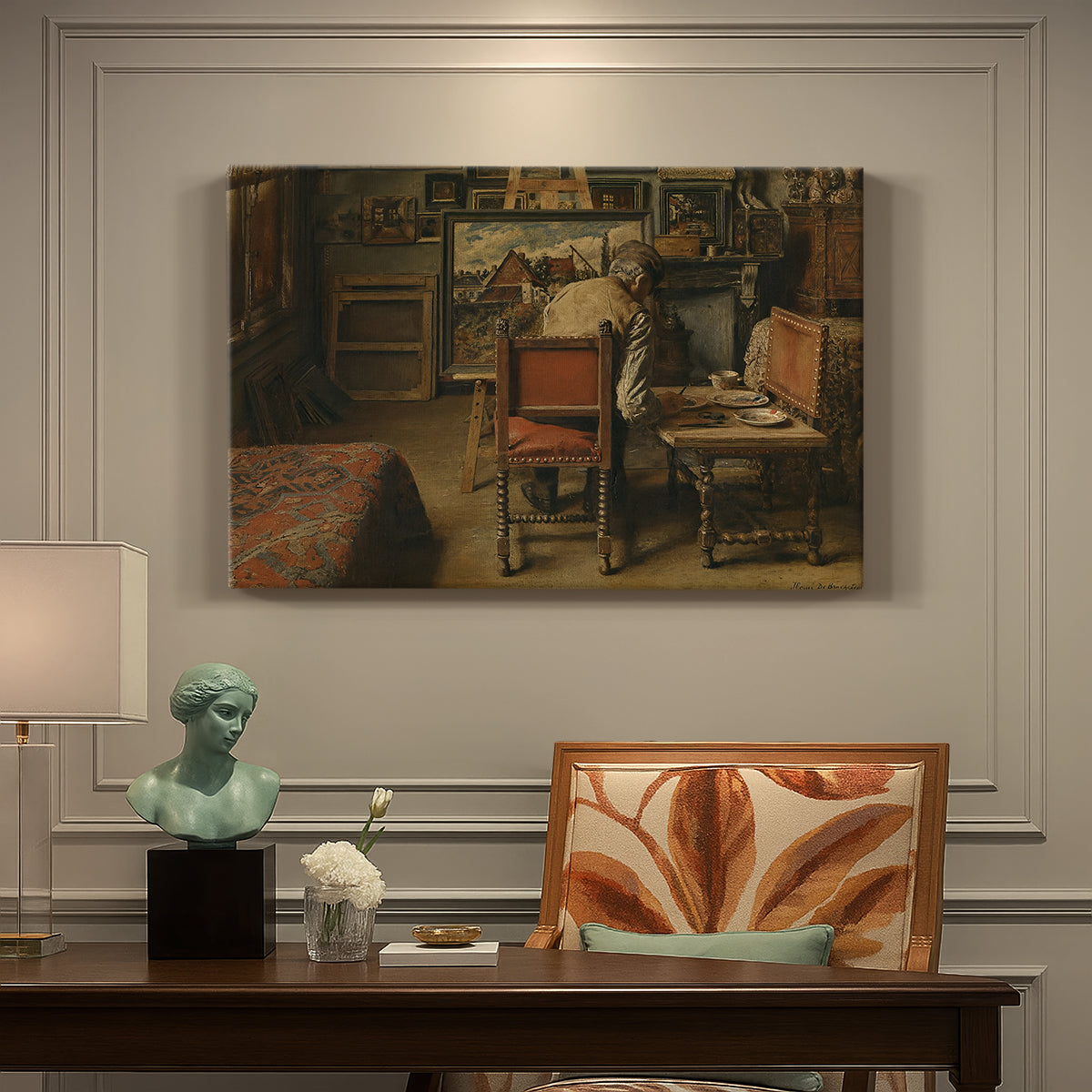 Canvas art print featuring a figure seated indoors carefully working on artwork at table, presented within a refined interior setting