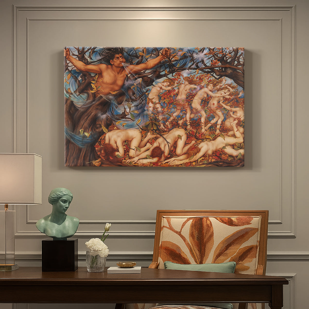 Canvas art print featuring swirling figures carried by wind among falling leaves in dynamic composition, presented within a refined interior setting