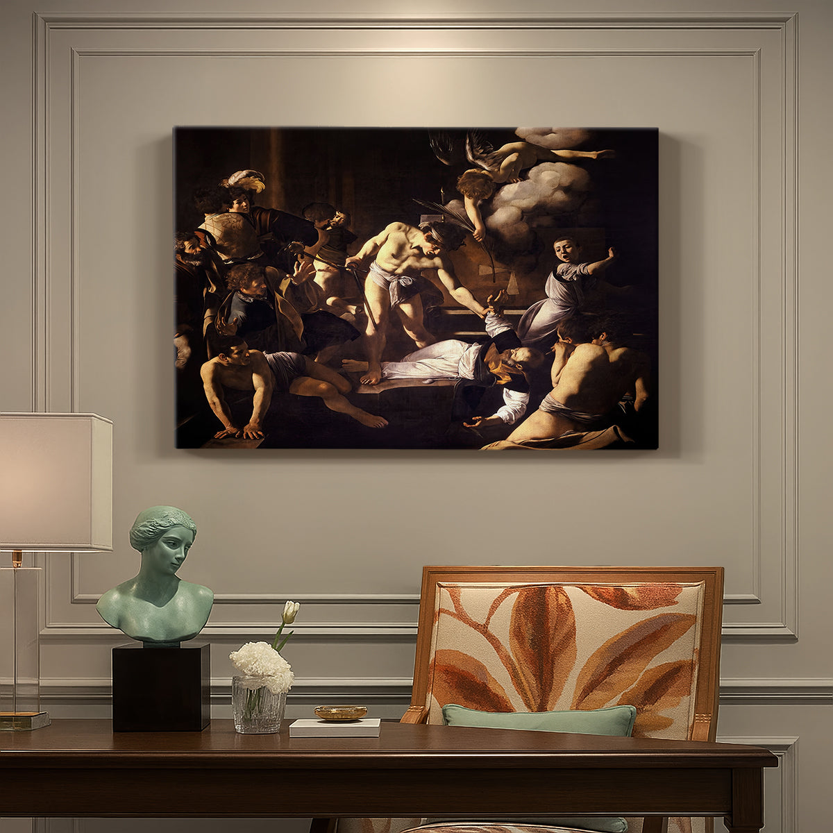 Canvas art print featuring a chaotic scene of Saint Matthew being attacked by executioner in church, presented within a refined interior setting