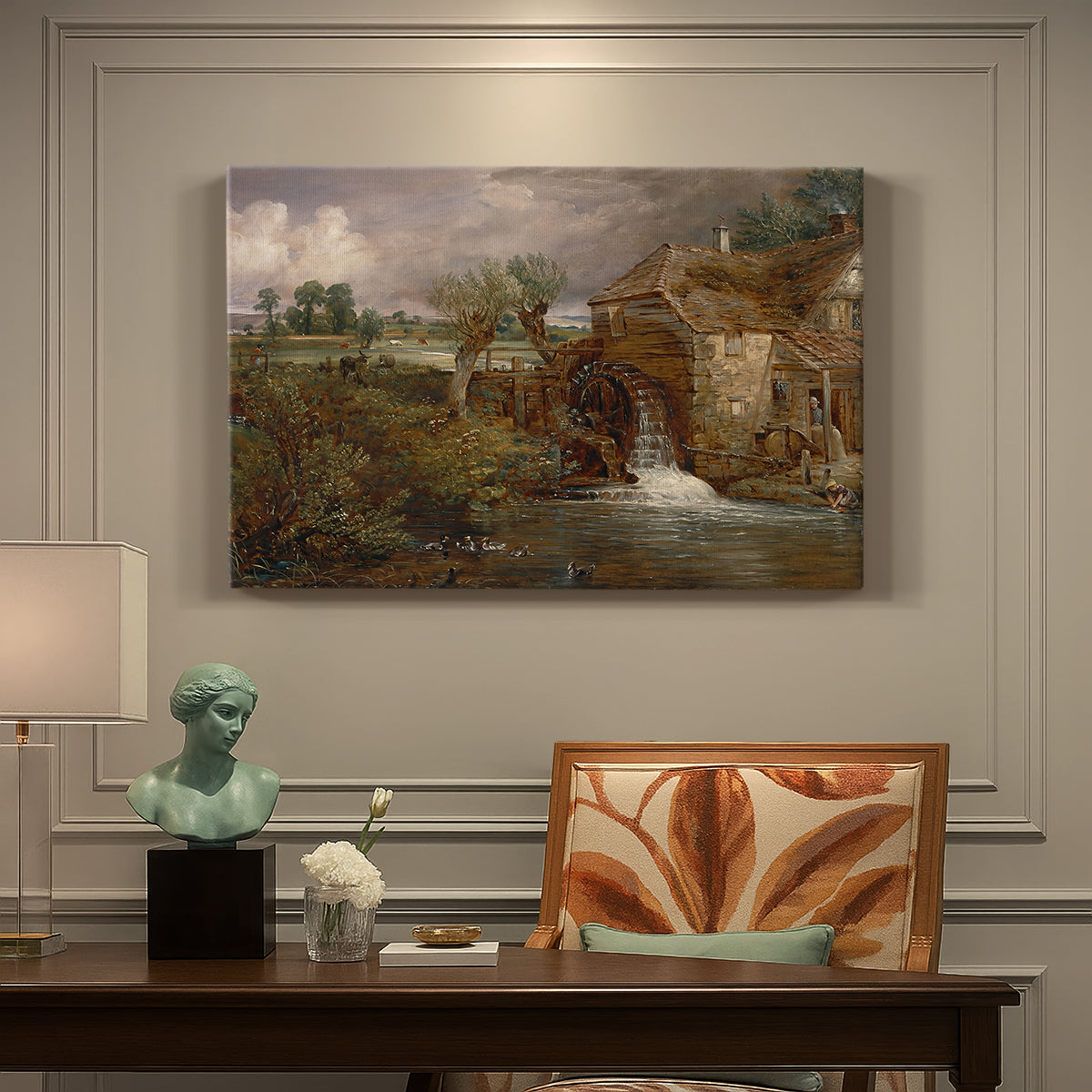 Canvas art print featuring a mill beside water in rural setting, presented within a refined interior setting
