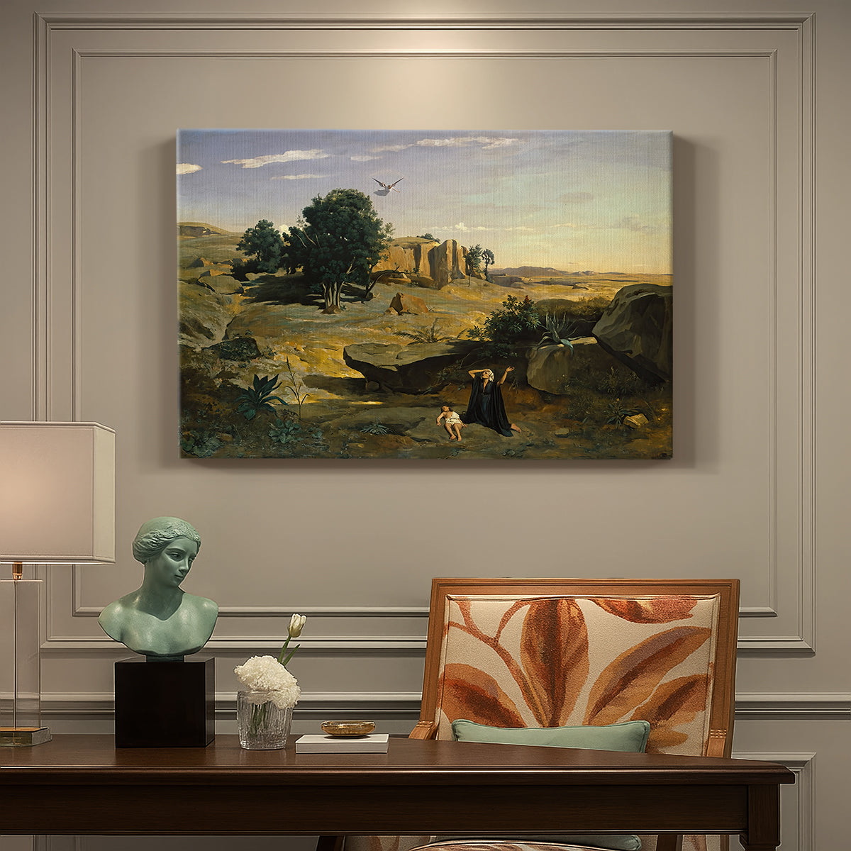 Canvas art print featuring a solitary figure in open landscape surrounded by sparse terrain, presented within a refined interior setting